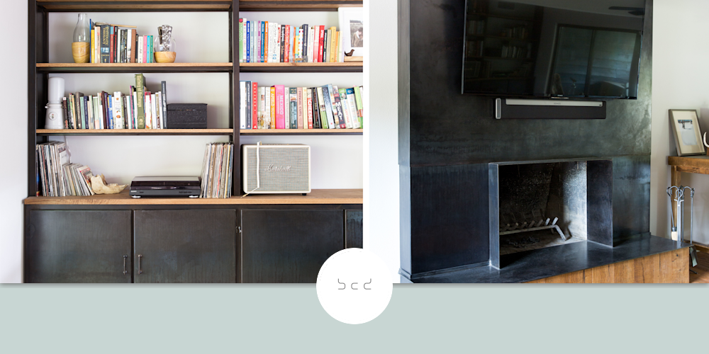 Steel & Wood Bookcase/Fireplace by Brian Chilton Design at Client
