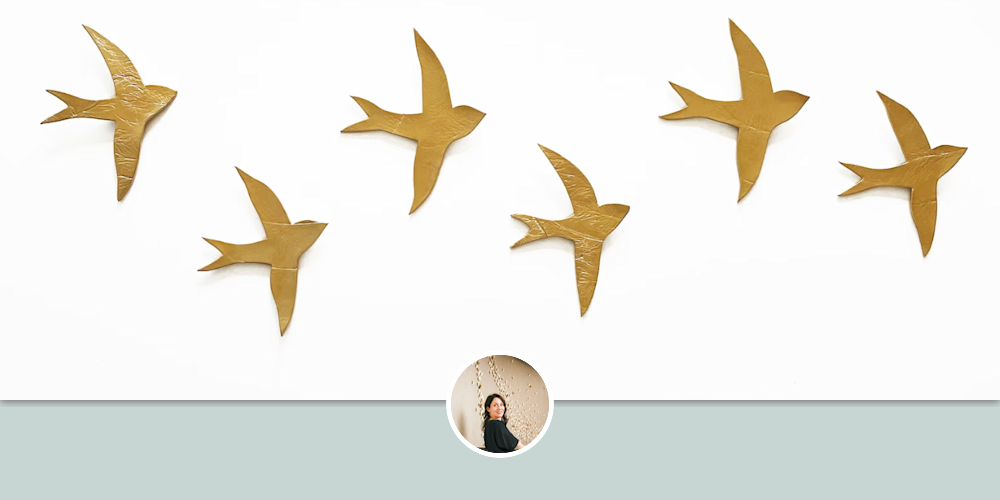 Large scale ceramic wall sculpture artwork gold birds by Elizabeth