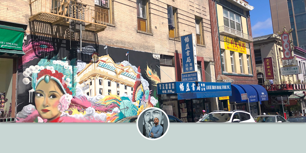 Chinatown Mural by Mel Waters at Louie Brothers Book Store, San