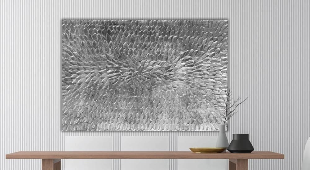 Large silver textured canvas painting on silver leaf | Paintings by Berez Art