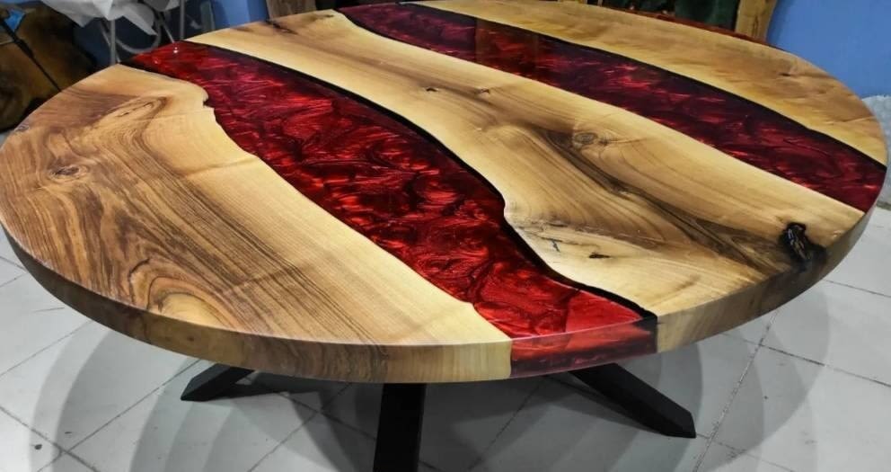 Custom Order 56 " Round Walnut Metallic Red Epoxy Dining | Dining Table in Tables by LuxuryEpoxyFurniture