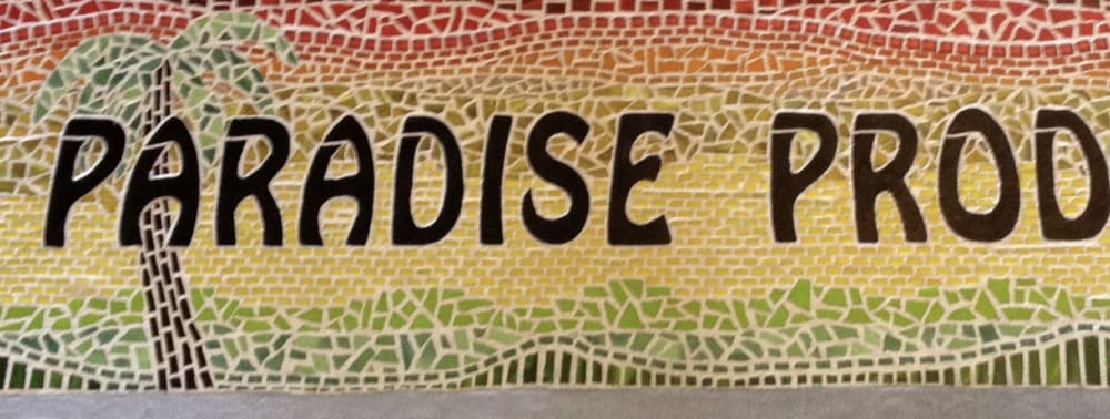 Seat in Paradise - inlaid glass mosaic concrete bench | Public Mosaics by Rochelle Rose Schueler - Wild Rose Artworks LLC | Paradise Produce in Bend