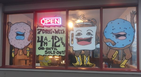 Window Illustration Art | Murals by Angry Tooth | The Happy Donut in Myrtle Creek