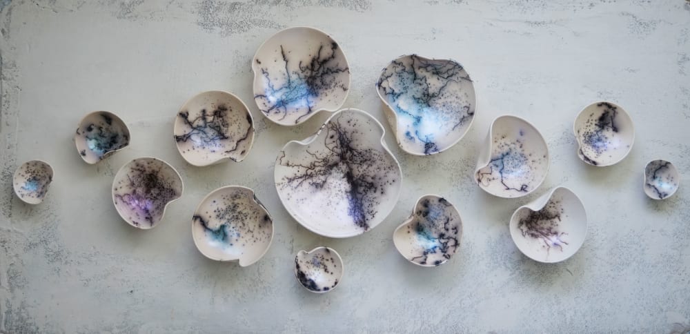Porcelain Wall Sculpture, 14 Pieces Set, Blue Violet | Wall Hangings by SevaCeramics