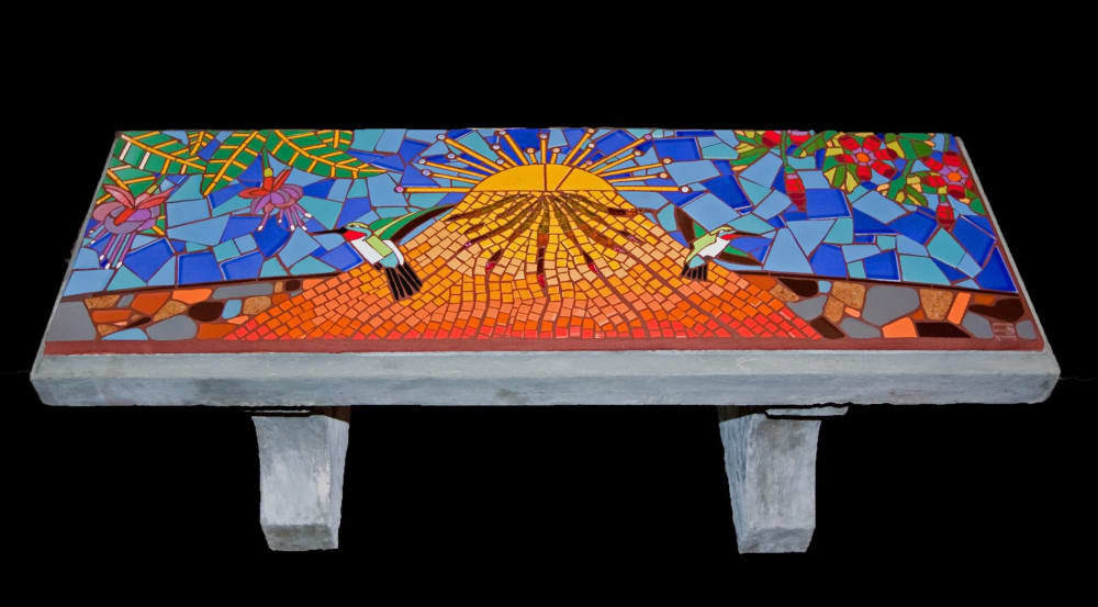 Hummingbird Garden - tile mosaic concrete bench | Public Mosaics by Rochelle Rose Schueler - Wild Rose Artworks LLC | 9th Street Village in Bend