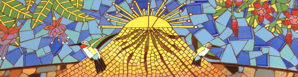 Hummingbird Garden - tile mosaic concrete bench | Public Mosaics by Rochelle Rose Schueler - Wild Rose Artworks LLC | 9th Street Village in Bend