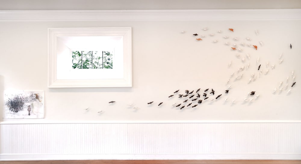 Murmurations 3, installation of clay birds | Wall Hangings by Susan Hostetler Studio | Athenaeum in Alexandria