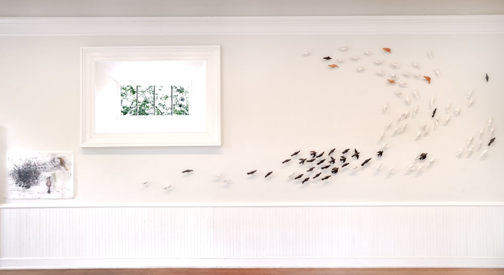 Murmurations 3, installation of clay birds | Wall Sculpture in Wall Hangings by Susan Hostetler Studio | Athenaeum in Alexandria