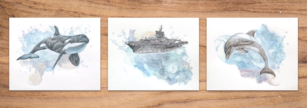 Ocean Triptych - ink & pencil drawing | Oil And Acrylic Painting in Paintings by Melissa Patel