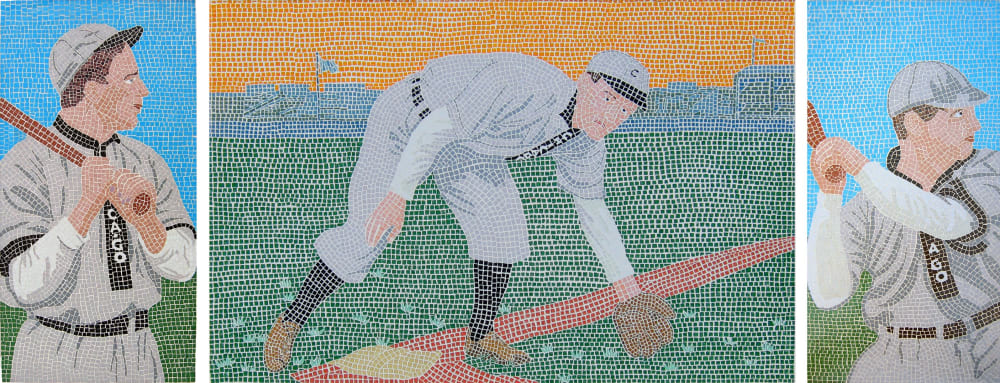 Tinker to Evers to Chance glass mosaic | Murals by Rachael Que Vargas | Lakeview Baseball Club in Chicago