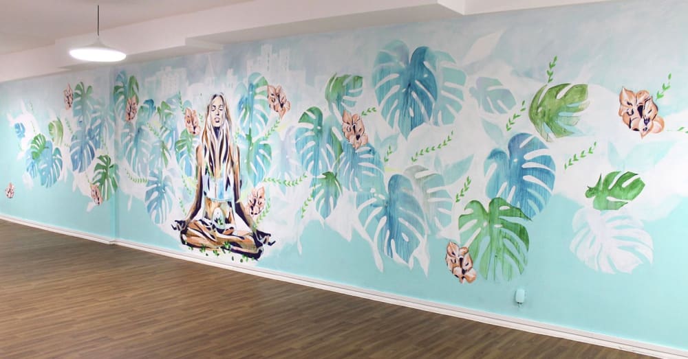 Yoga classroom with 3D art objects.  Yoga studio design, Yoga studio design  ideas, Home yoga room