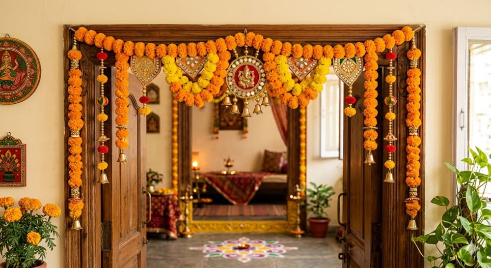 Handmade Indian Door Toran with Marigold Flowers | Tradition | Mirror in Decorative Objects by Puja Shaw