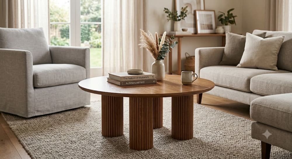 The Fluted Pillar Wooden Coffee Table | Stool in Chairs by Famous Art Group Of Industries