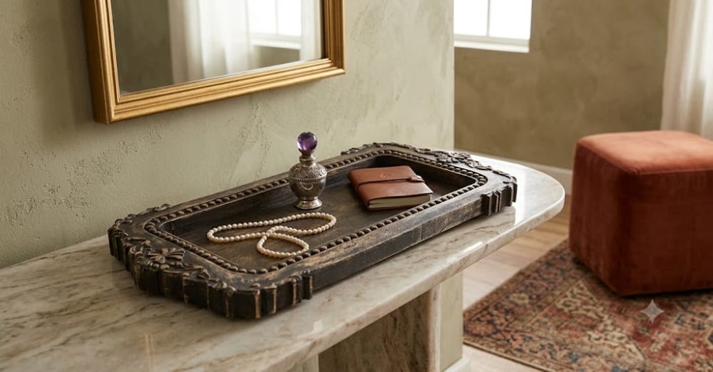 The Heritage Carved Wooden Vanity Tray | Decorative Tray in Decorative Objects by Famous Art Group Of Industries
