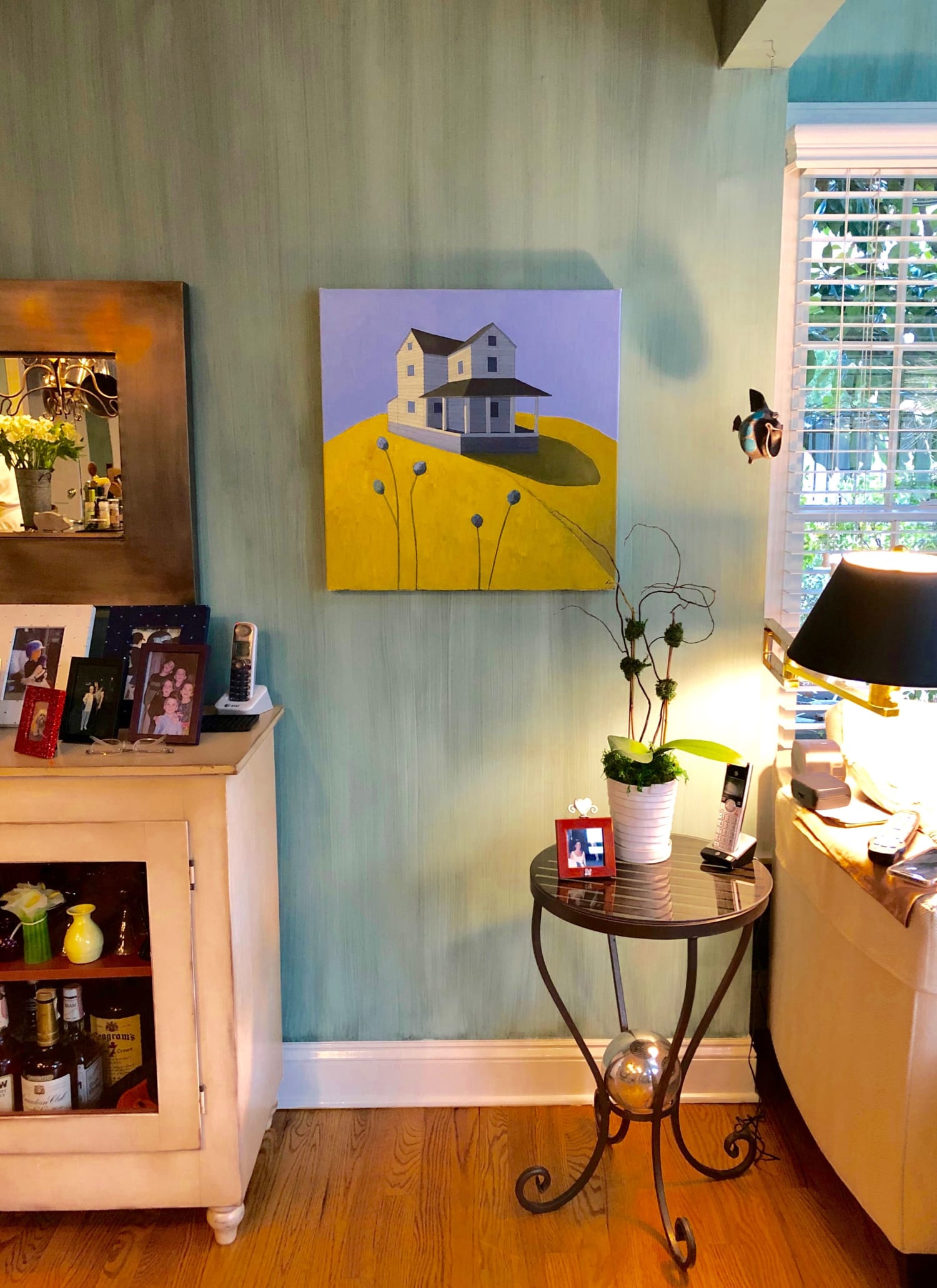 White farmhouse on yellow hill oil painting