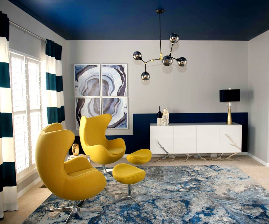 Living Room Blue Feature Ceiling Modern Light Fixtures Yellow Wing back Lounge Chairs