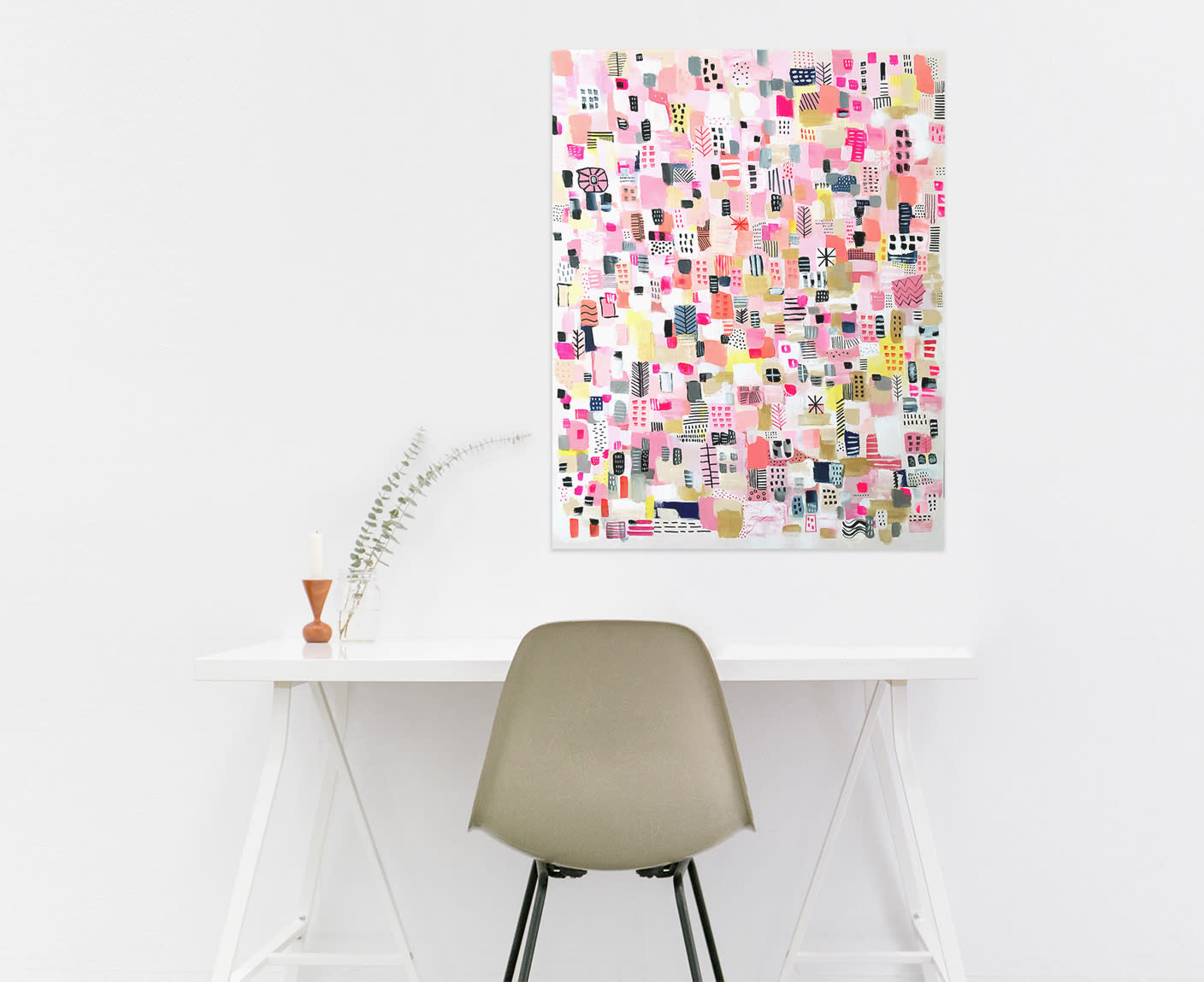 Colorful Bright Abstract micro pattern Painting Pink White Yellow Black