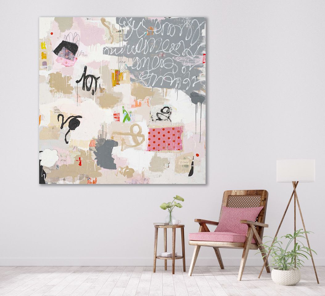 Mixed media pink and grey abstract painting