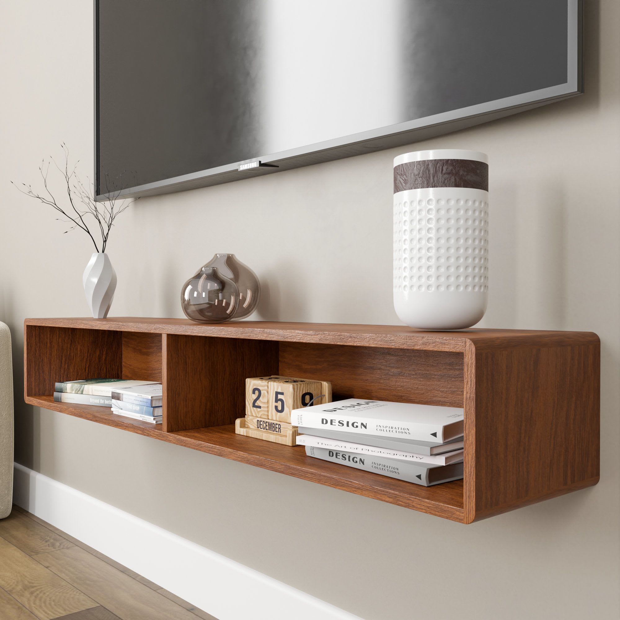 Solid wood floating store tv shelf