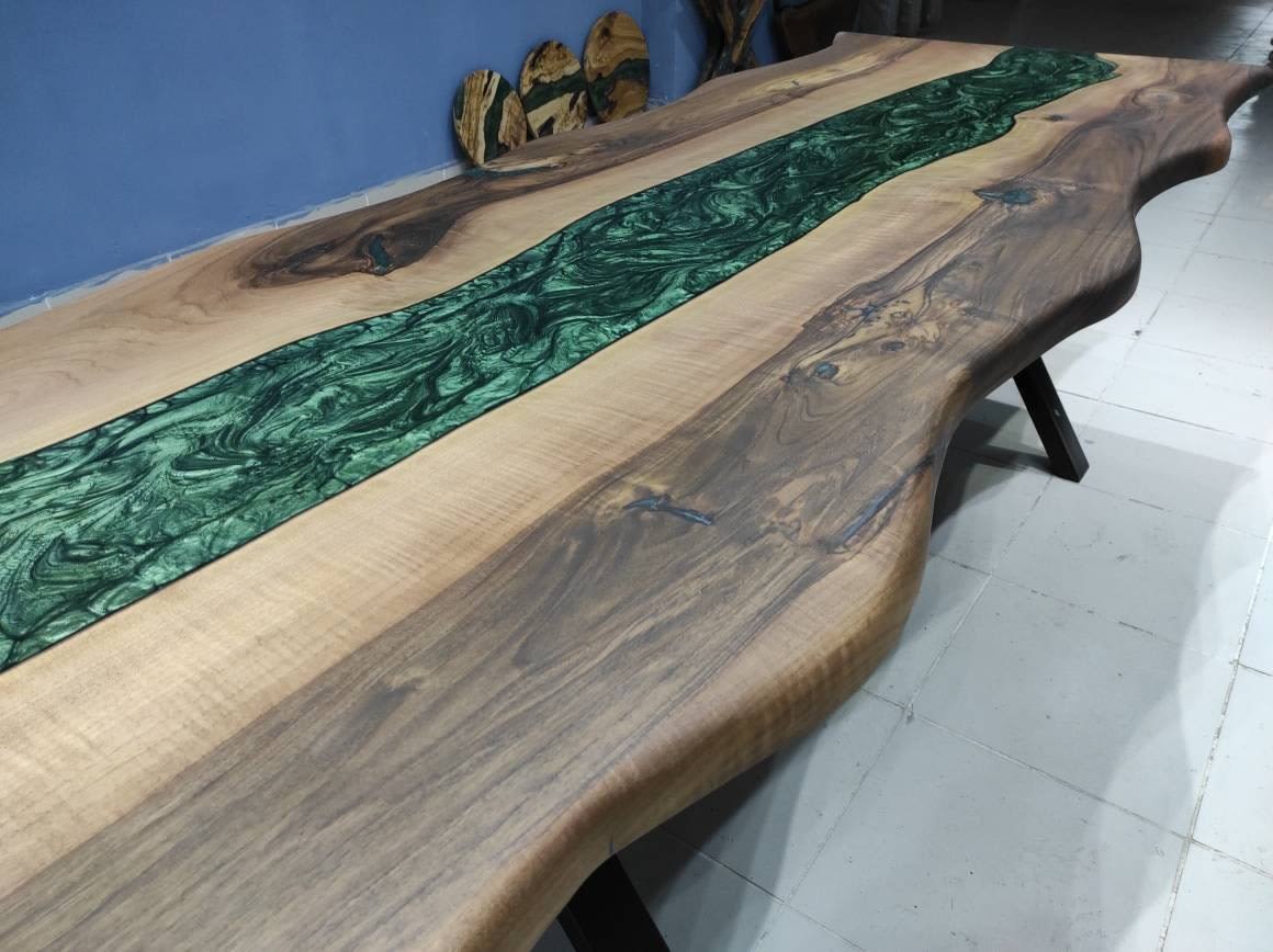 Live Edge Metallic Green Walnut Tree Epoxy Resin Table by