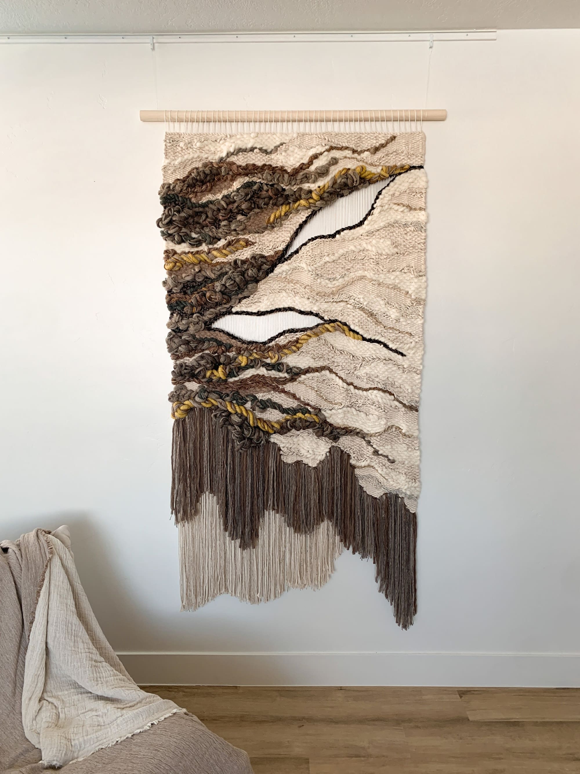 earth toned wall hanging woven wall art soft sculpture yarn by Rebecca  Whitaker Art