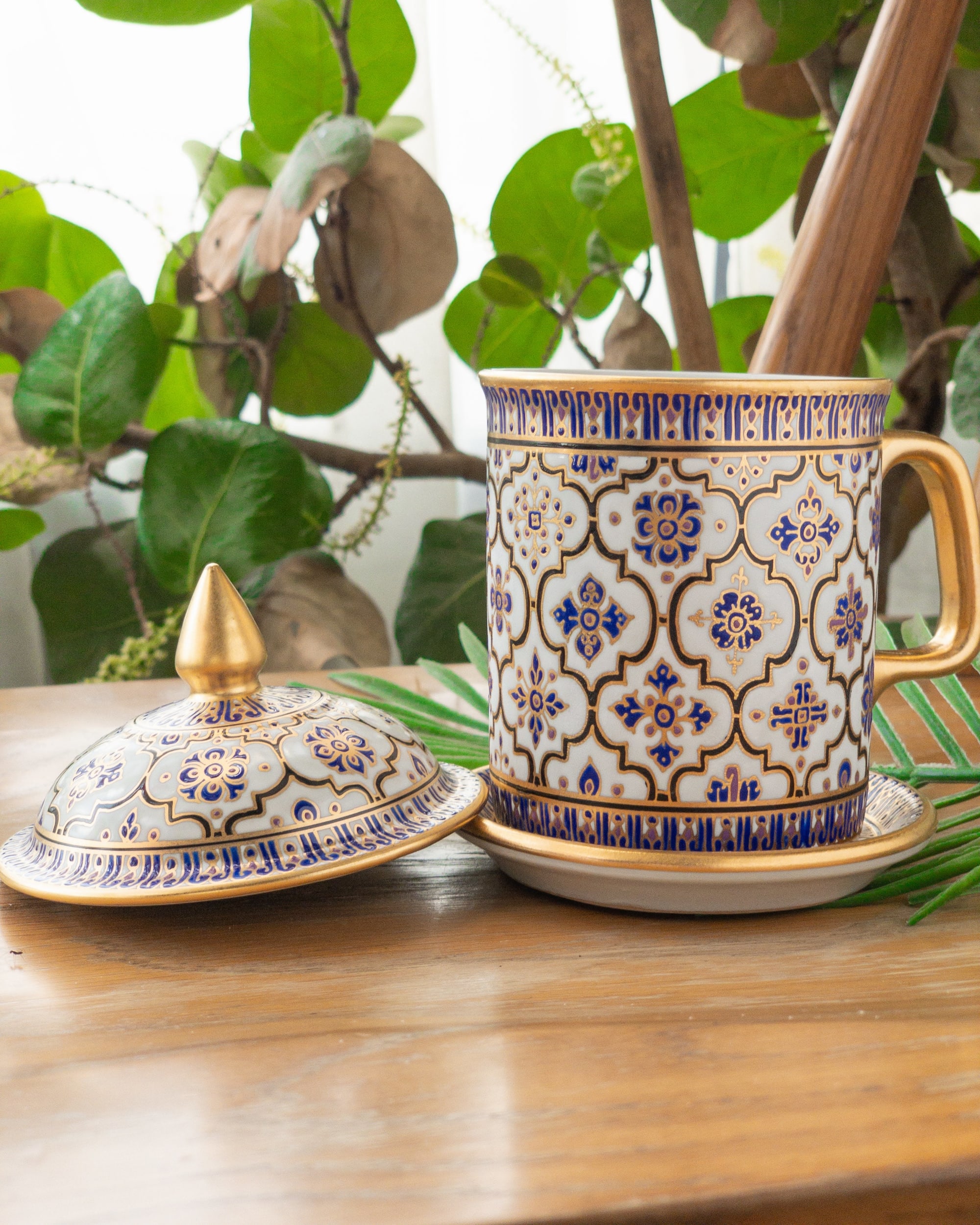 Gold Accented Coffee Mug Set: Hand-Painted with Lid & Saucer by