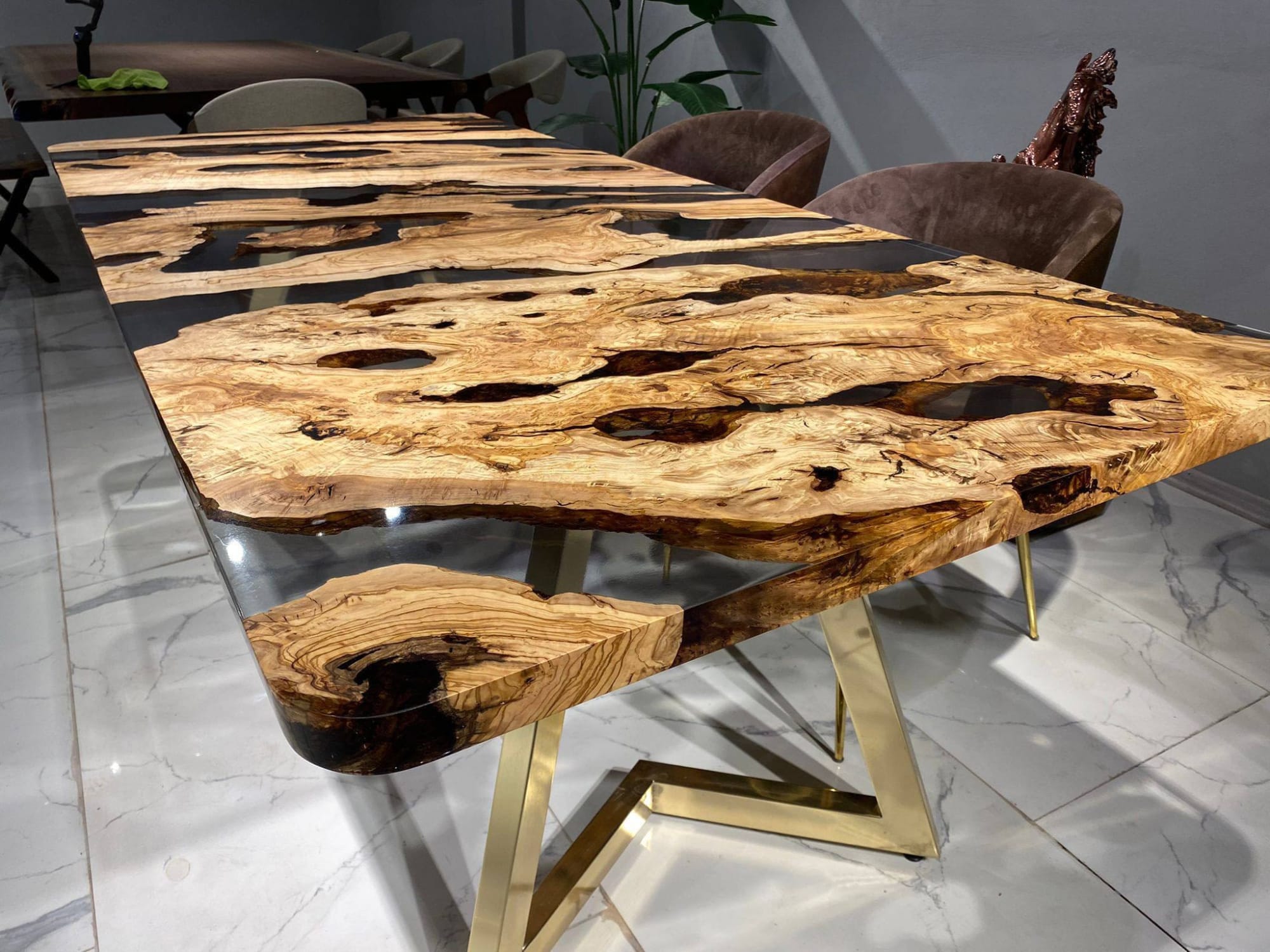 Space Olive Wood Slab Epoxy Table - On Wooden