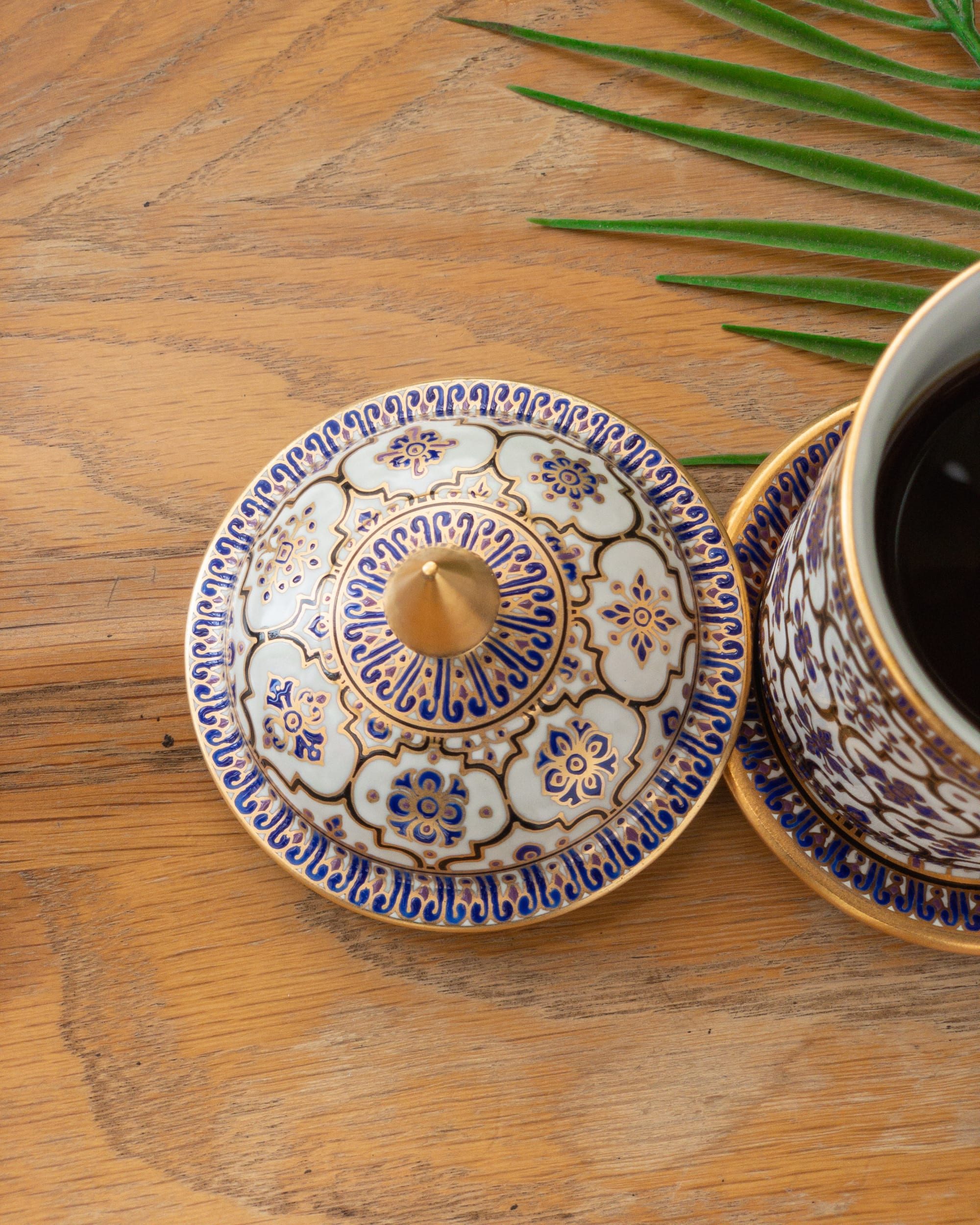 Gold Accented Coffee Mug Set: Hand-Painted with Lid & Saucer by Artisan  Homeware at The Section Cafe, Tambon Kho Hong