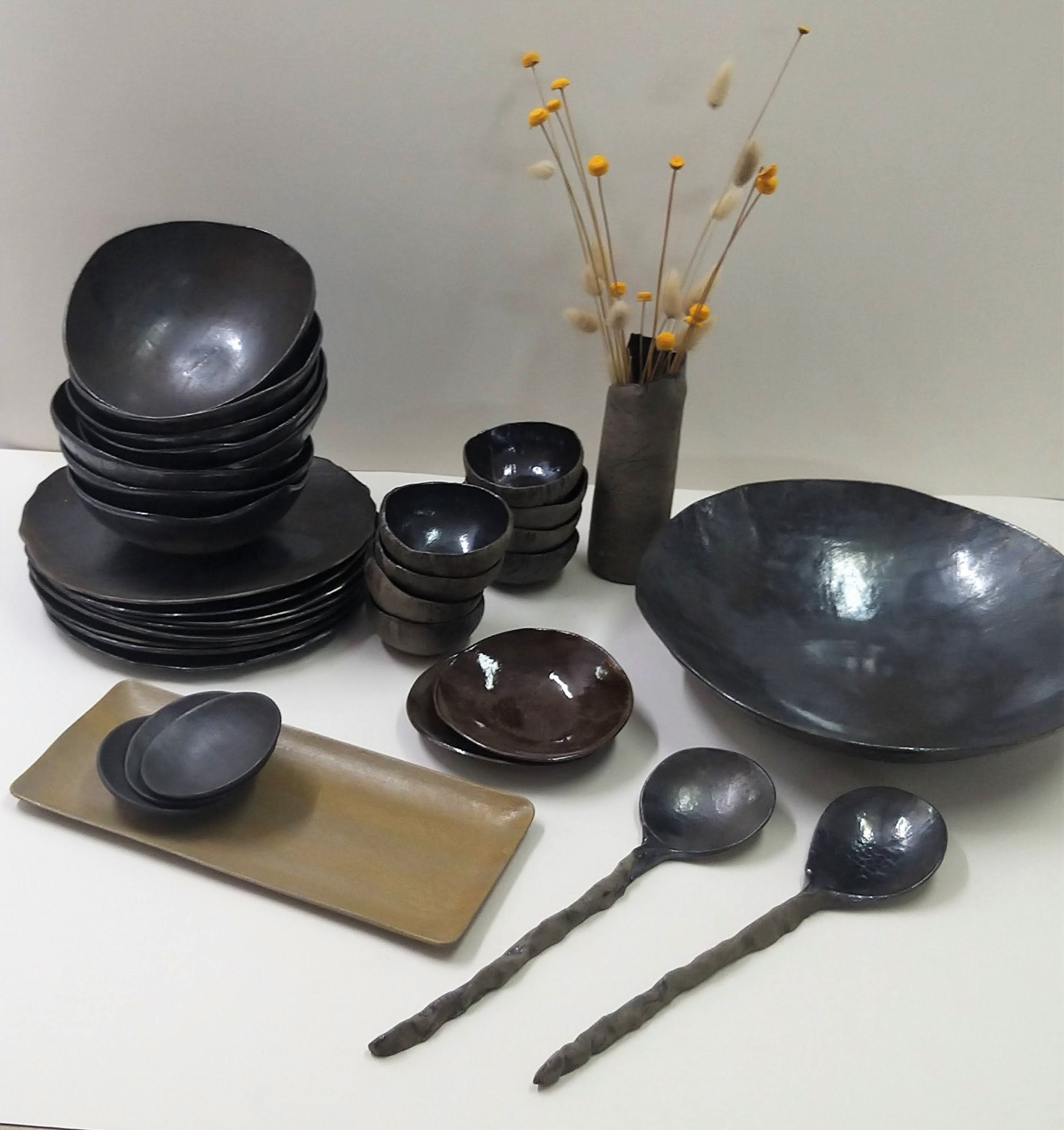 Black Dish Set, Unique Black Plate Set for 1-12, Black Ceramic Dinner Plates,  Black Dinnerware, Handmade Pottery Plates 