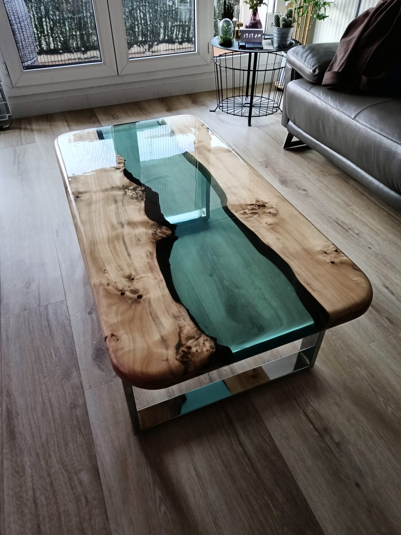 Blue and Black Epoxy Resin Custom Coffee Table with Glass Top