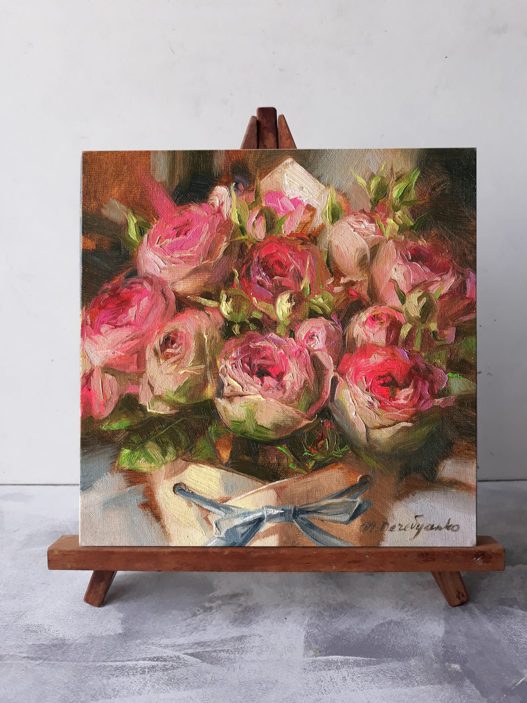 Hand-painted Pink Floral Painting art on 10x10 Canvas