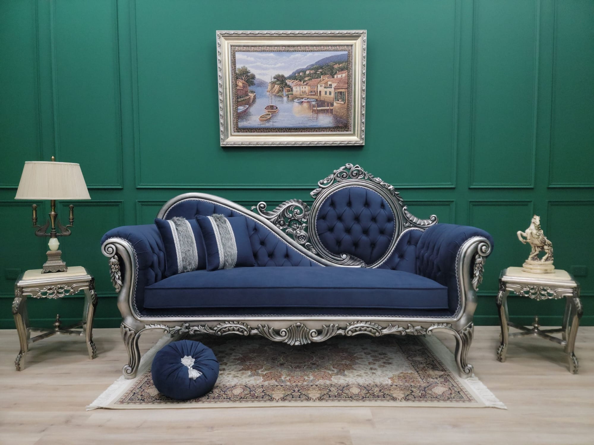 Victorian Style Sofa Aged Silver Leaf Hand Carved Wood Frame Tufted Navy Blue Velvet Chaise Lounge