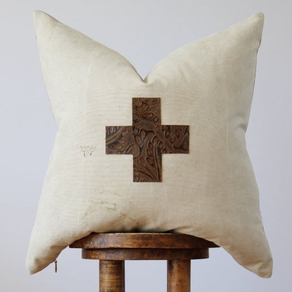 Beige Vintage Army with Embossed Leather Cross Pillow 22x22 by