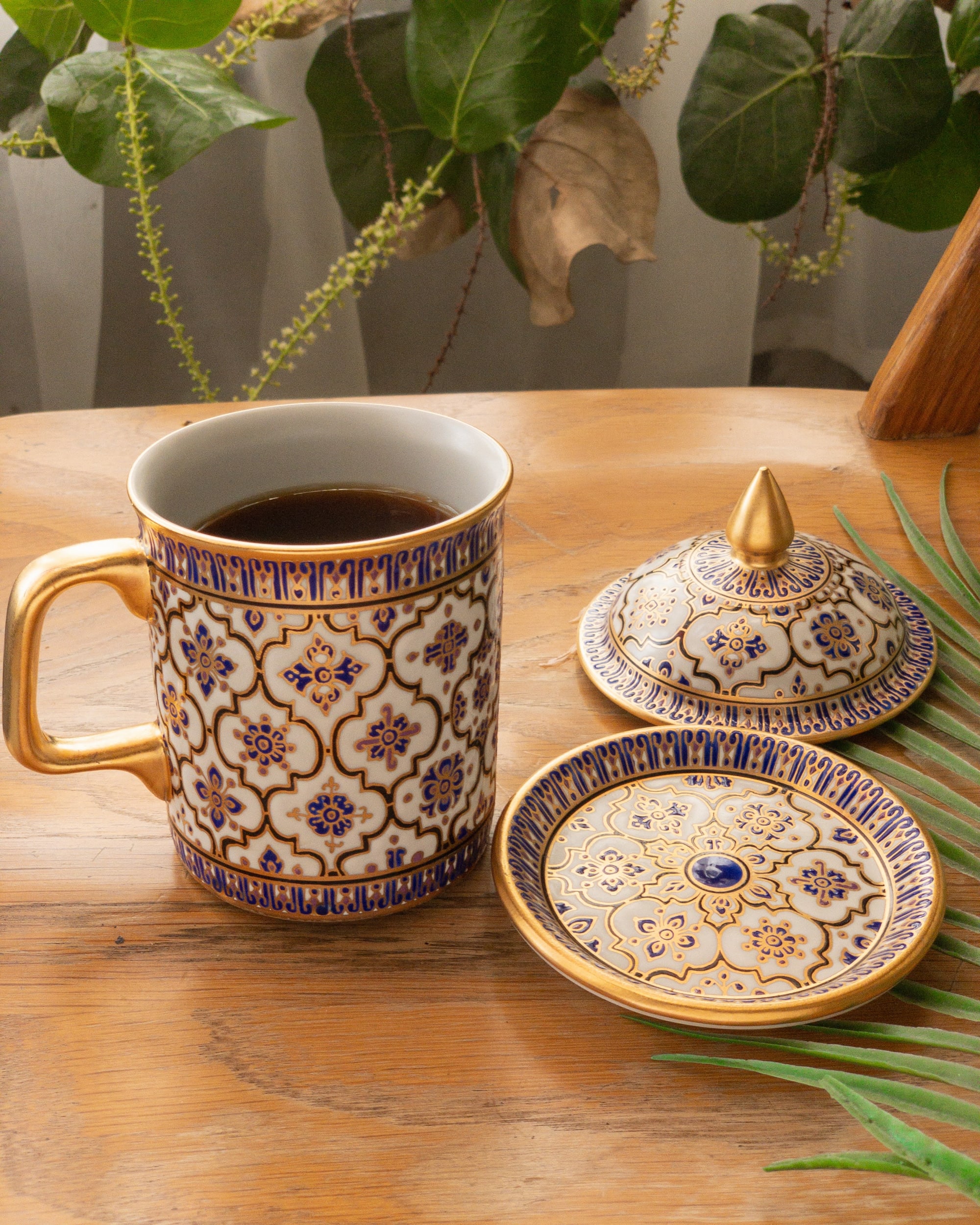 Gold Accented Coffee Mug Set: Hand-Painted with Lid & Saucer by Artisan  Homeware at The Section Cafe, Tambon Kho Hong