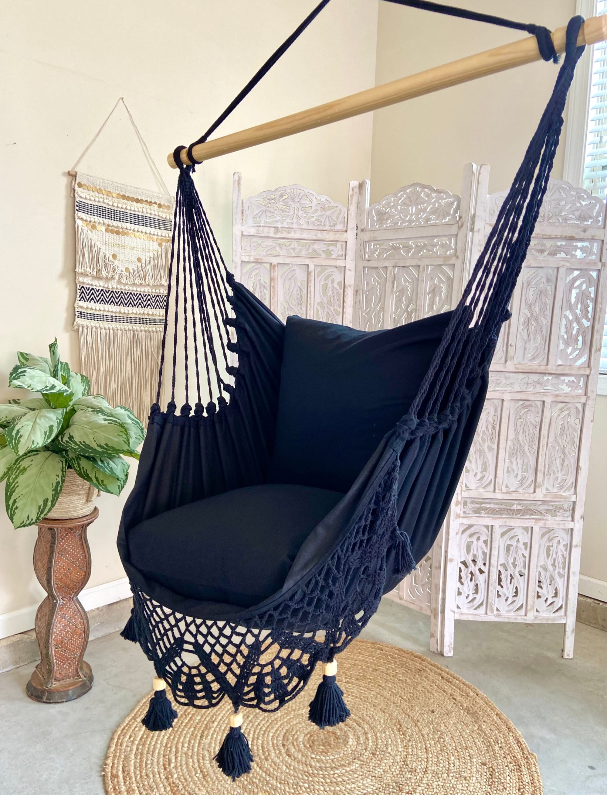 Black Macrame Crochet Hammock Chair LUCIA BLACK