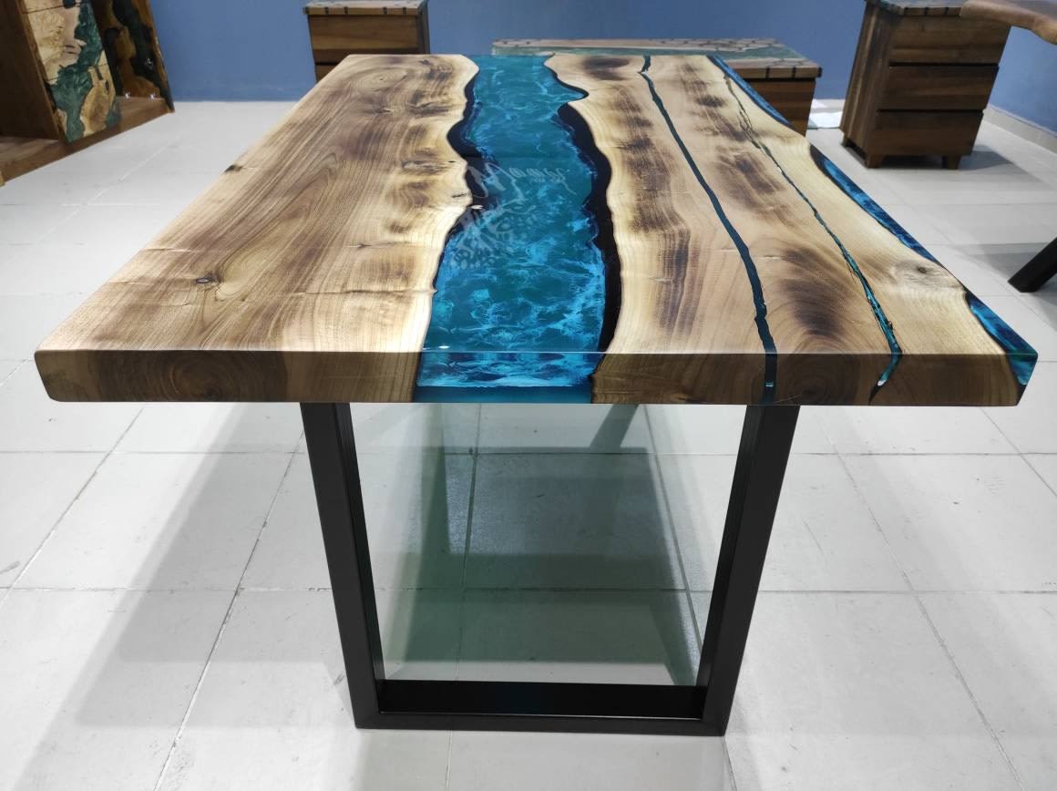 Epoxy resin river dining table with bench, walnut wood, turquoise