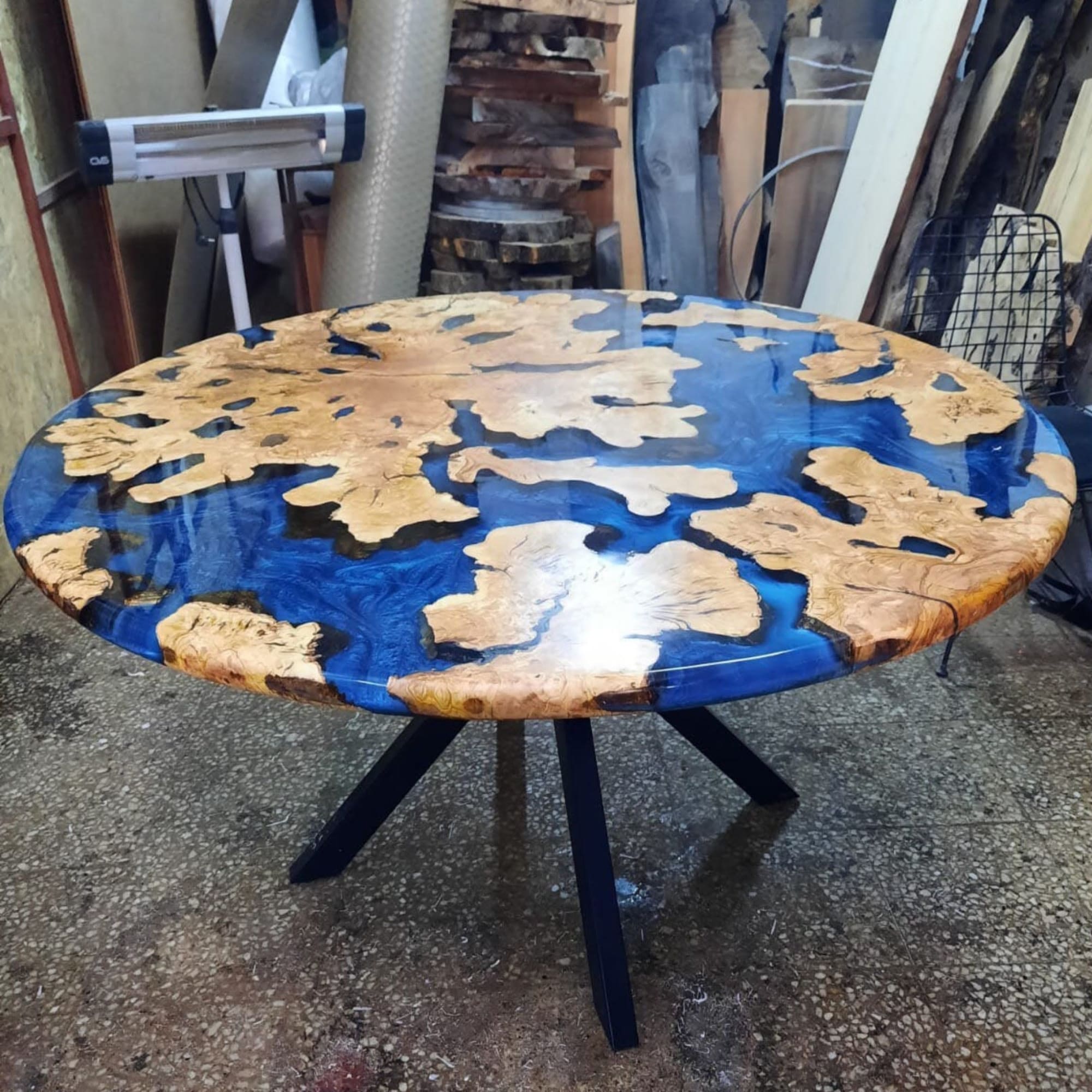 Blue and Black Epoxy Resin Custom Coffee Table with Glass Top