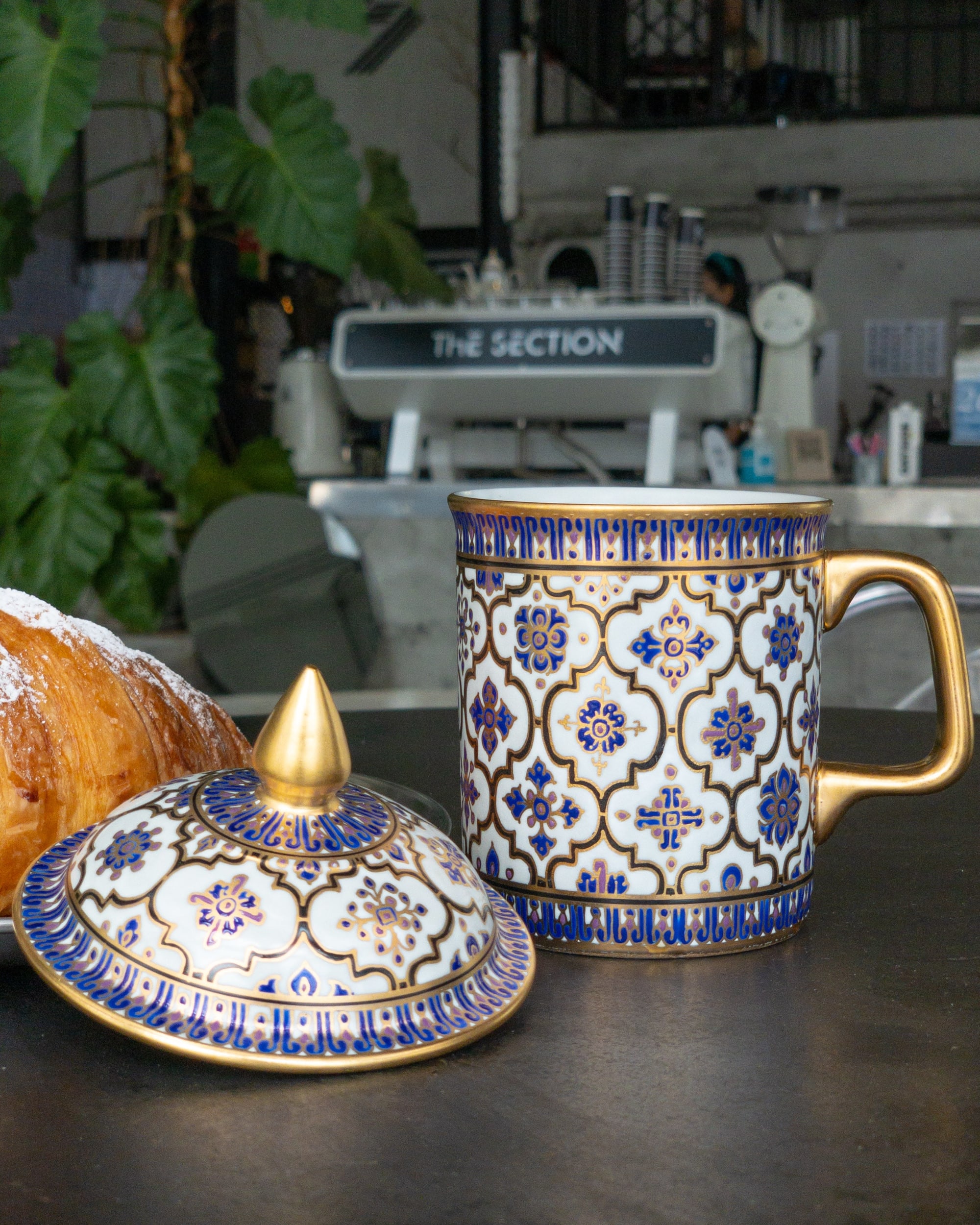 Gold Accented Coffee Mug Set: Hand-Painted with Lid & Saucer by Artisan  Homeware at The Section Cafe, Tambon Kho Hong