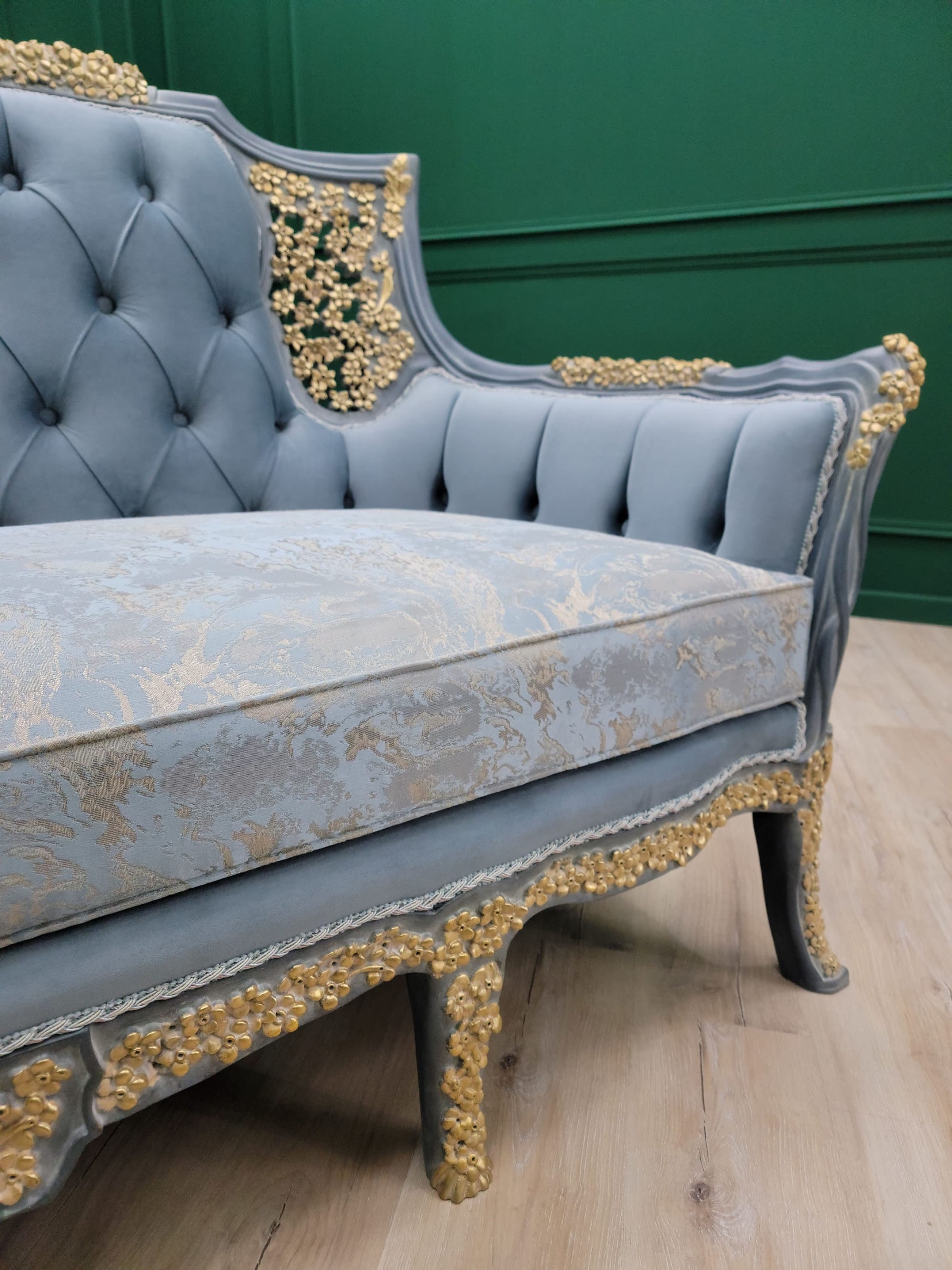 French louis xv green damask living room set