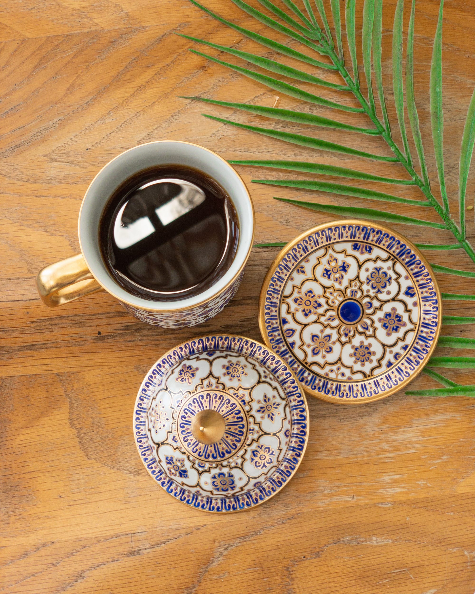 Gold Accented Coffee Mug Set: Hand-Painted with Lid & Saucer by Artisan  Homeware at The Section Cafe, Tambon Kho Hong