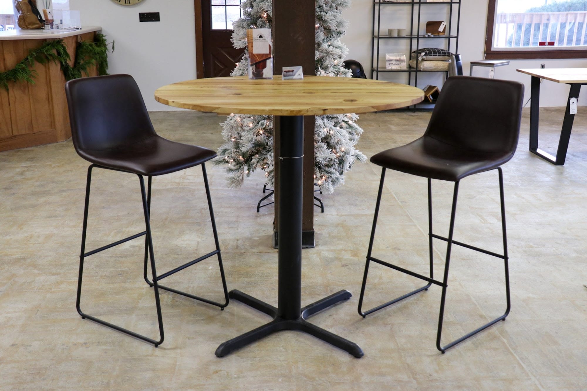 Round Spalted Maple Bar Pub Table with Black Steel Legs by Hazel