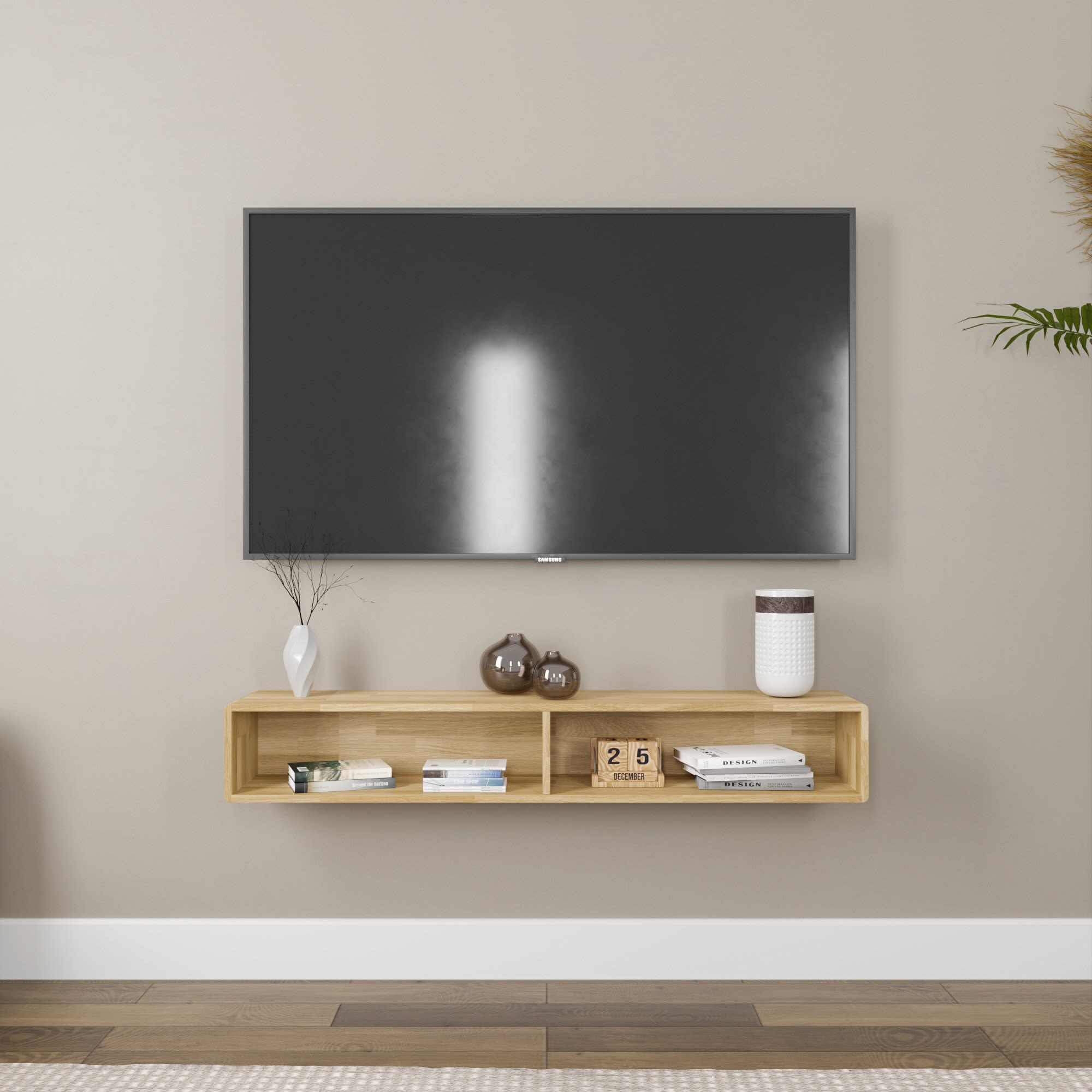 Oak Solid Wood Floating Tv-Stand, Modern Floating Media Cons by