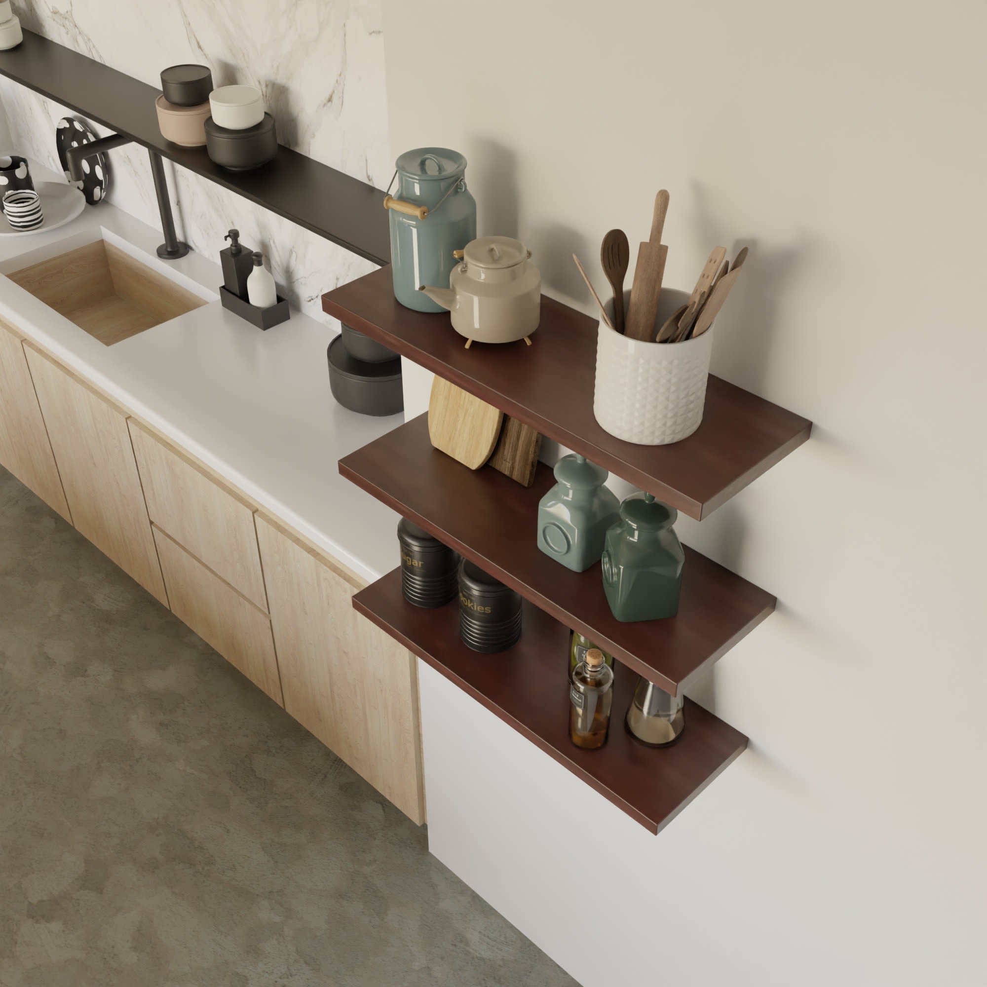 Walnut Custom Floating Shelves, Kitchen Wall Shelf by Picwoodwork