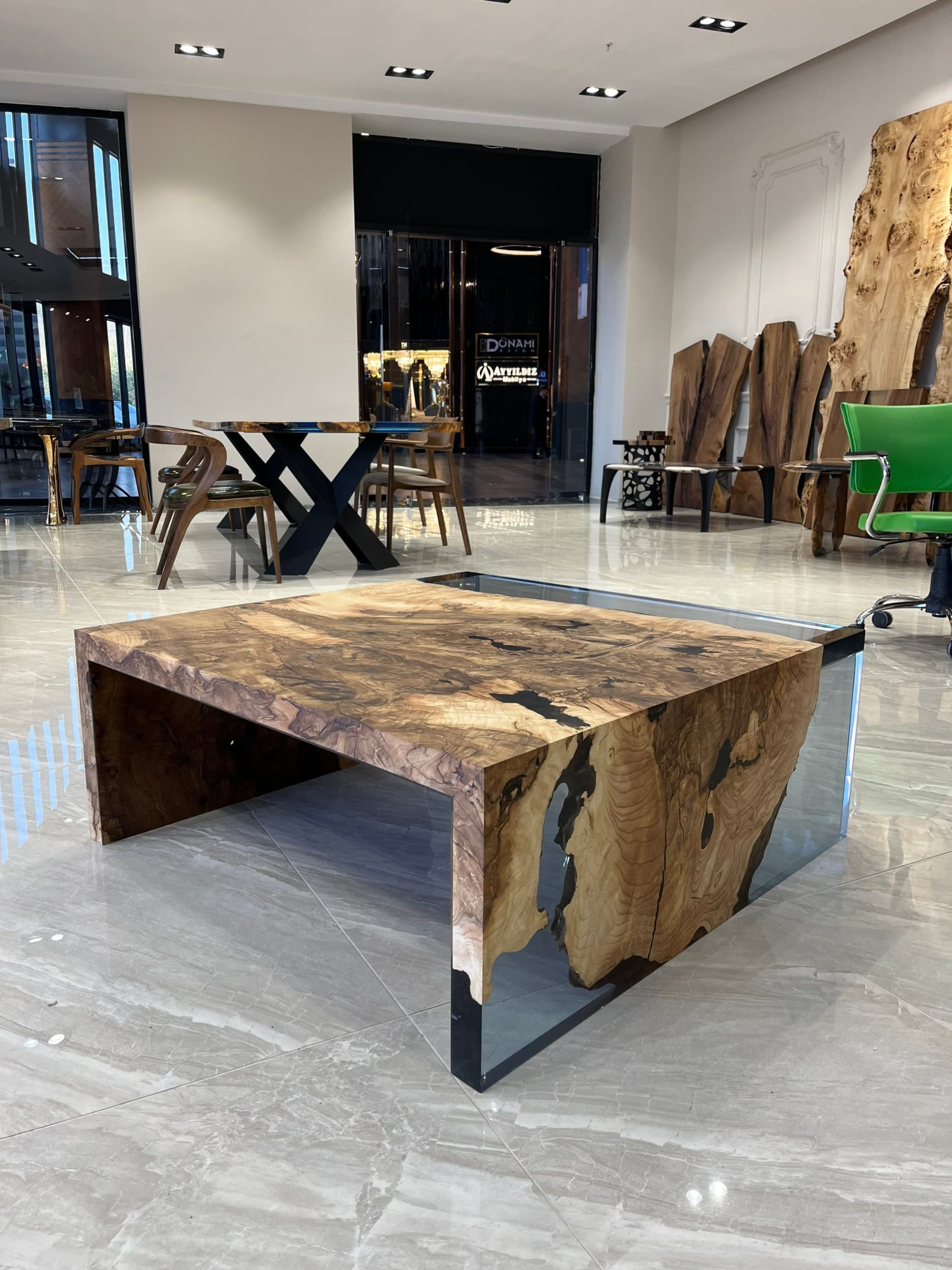 Waterfall Black Epoxy Resin Coffee Table and Walnut Wood Center