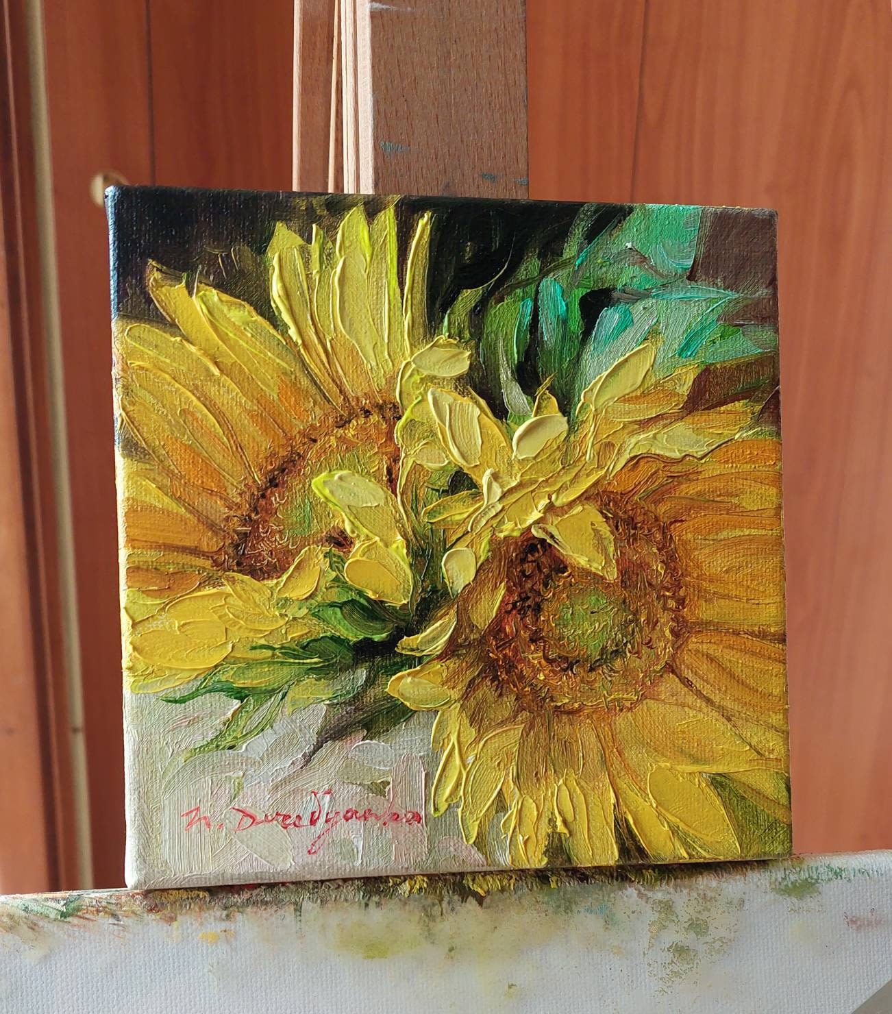 Sunflowers on a fence | Original acrylic painting on a canvas