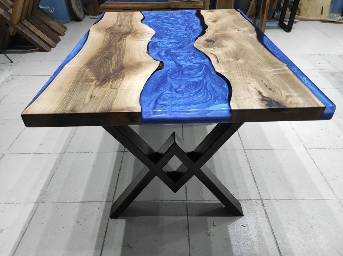 Custom Order Metallic Blue Epoxy Resin River Table by Luxuryepoxyfurniture