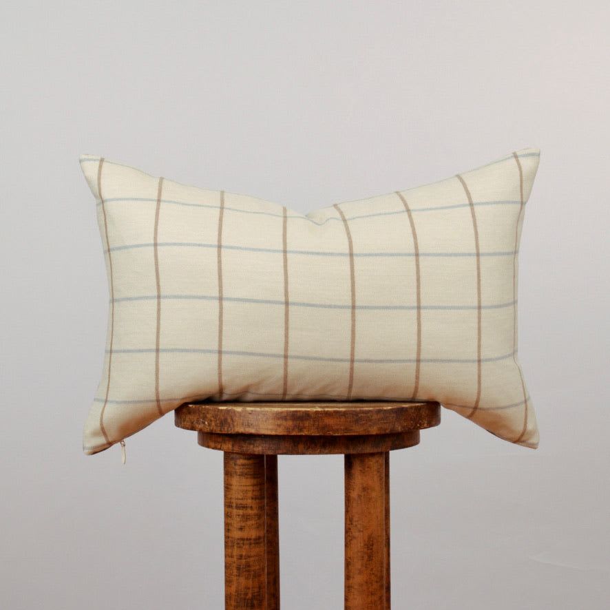 Cream Blue and Brown Plaid Wool Lumbar Pillow 14x22 by Vantage