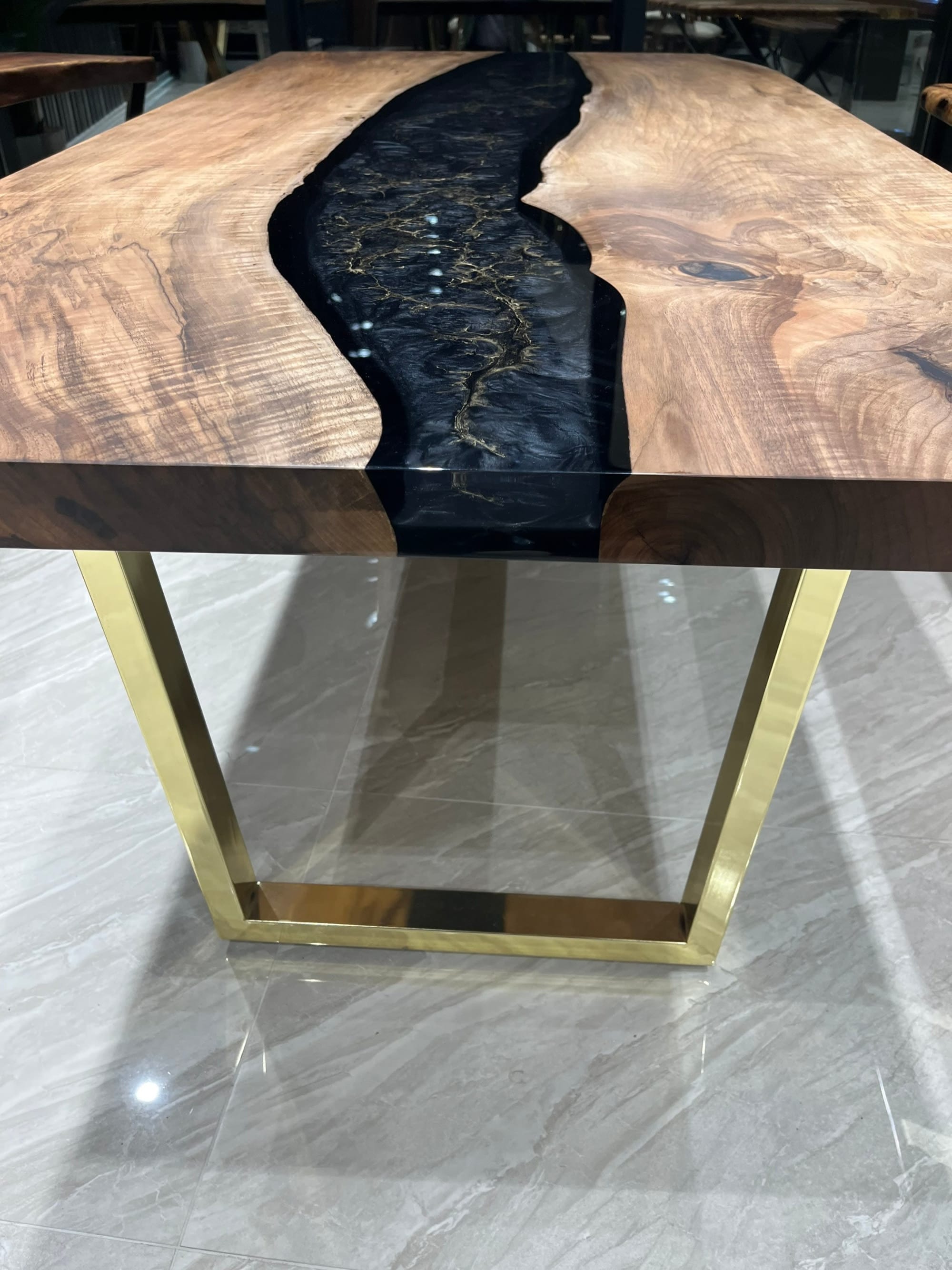 Walnut Dining Table, Custom 108” x 48 Black Epoxy Table, Gold Leaf Table,  River Table, Live Edge Table, Epoxy Dining Table for Stella