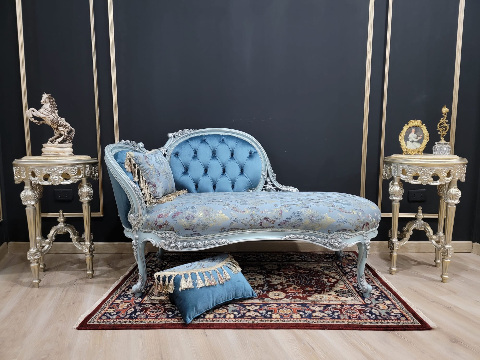 French Style Chaise Lounge Aged Silver Blue Frame Finish by Art