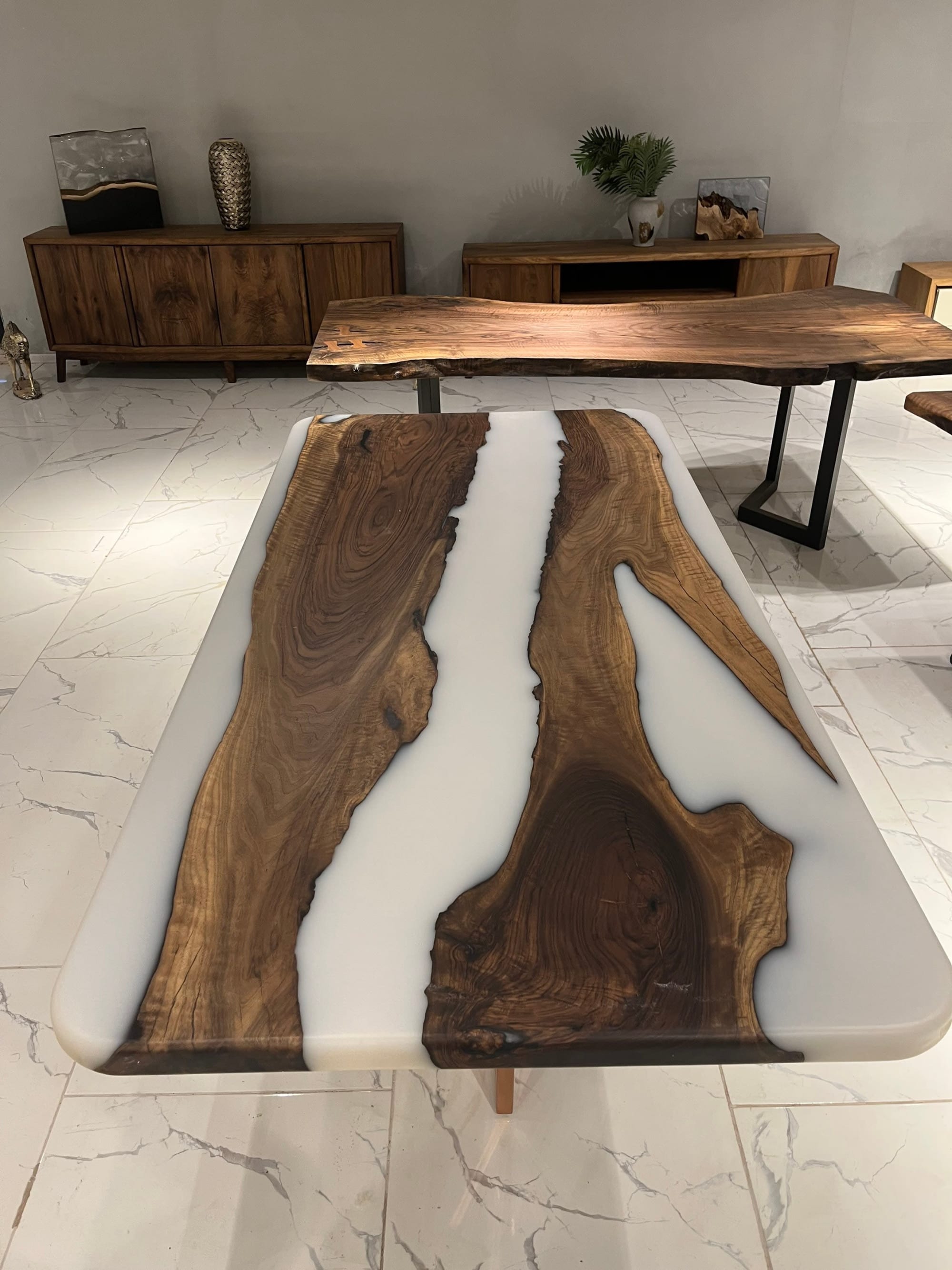 White Solid Wood Epoxy Table